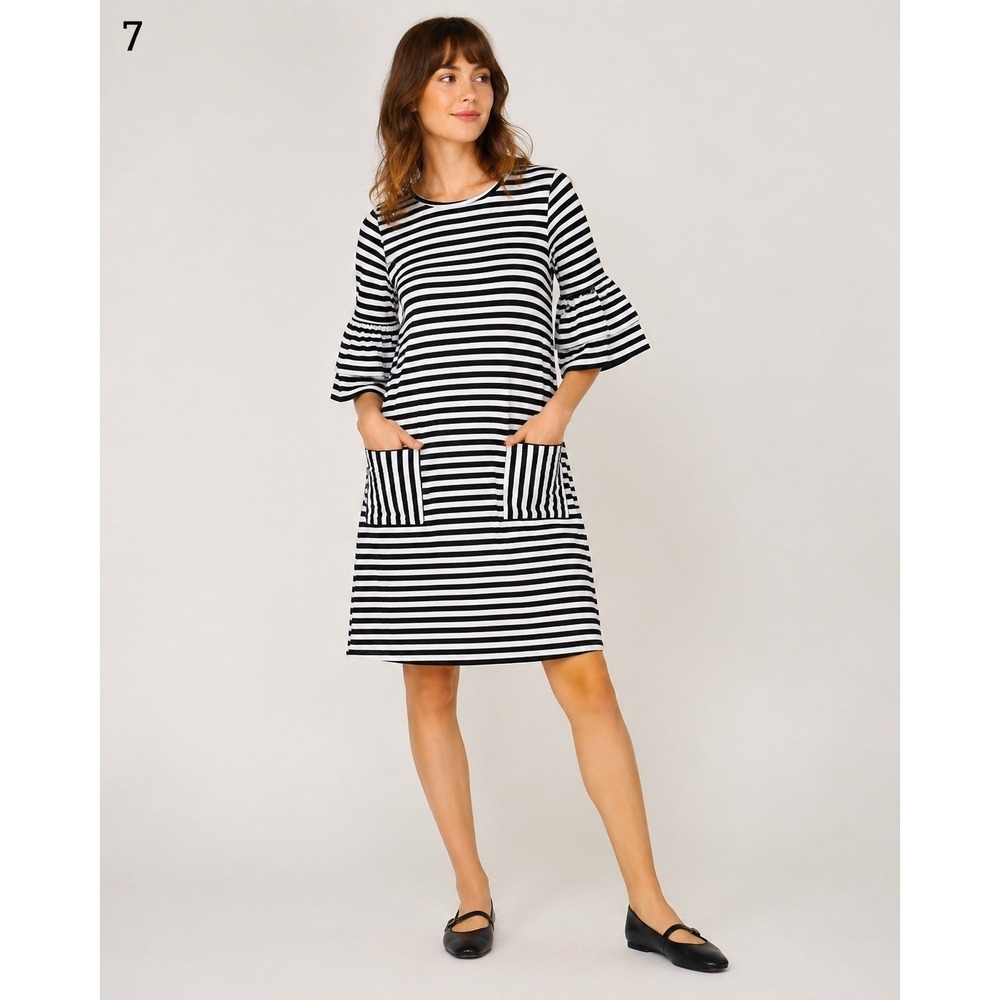 Emberly Dress Womens XS Black White Stripe Nautical Soft Bell Sleeve Pockets